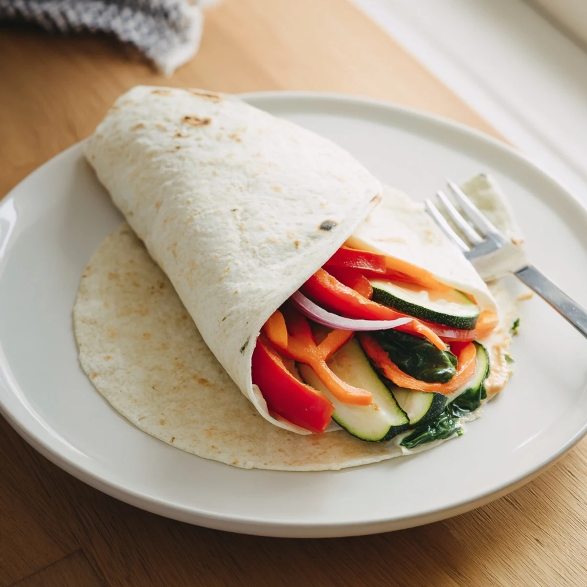 Imagine this Snowflake Hummus & Roasted Veggie Wrap, a delicious vegan meal with a perfect, layered presentation.