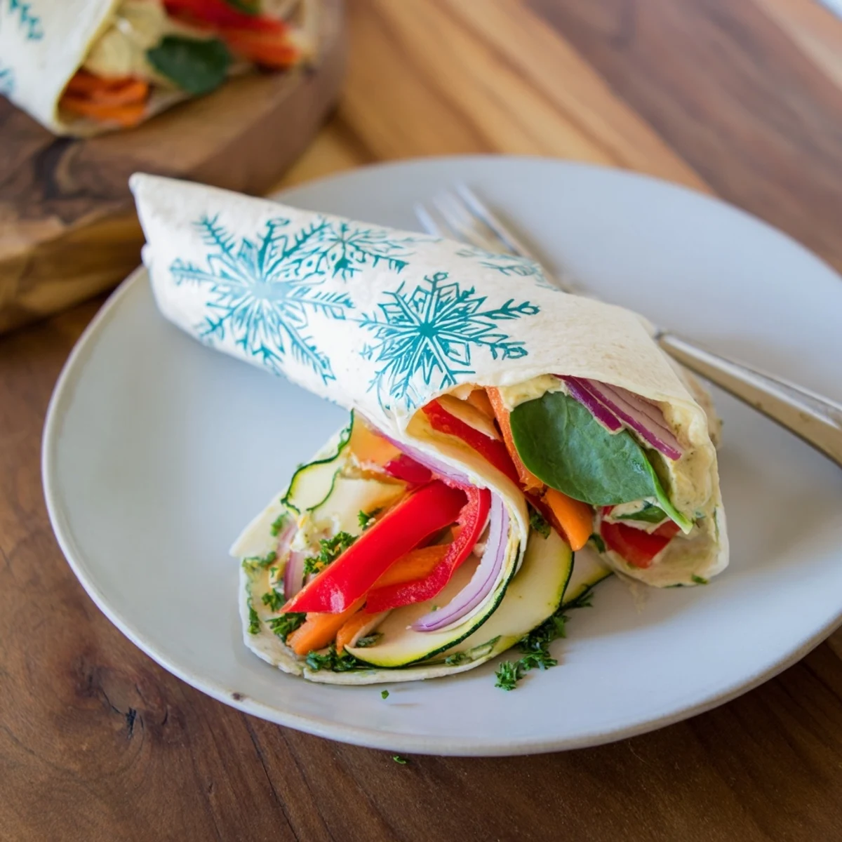 Snowflake Hummus & Roasted Veggie Wrap hack: A colorful wrap overflowing with golden roasted vegetables and creamy hummus.