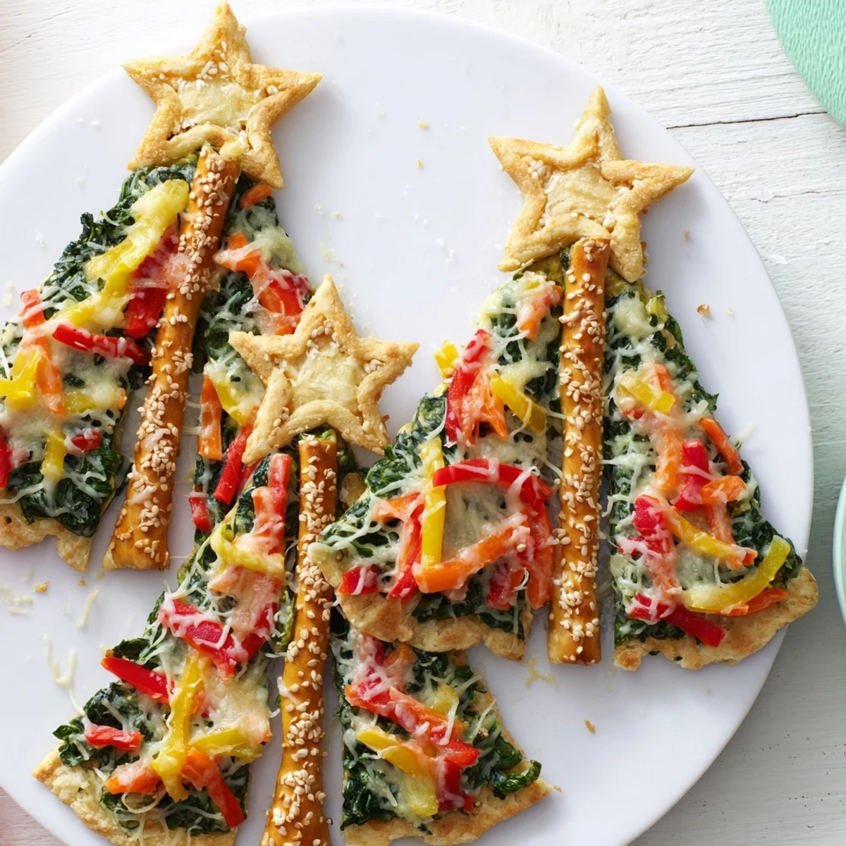 Golden, air-fried Air Fryer Christmas Tree Veggie Tortilla Wraps, ready to eat, offer a festive, cheesy, and delicious appetizer.