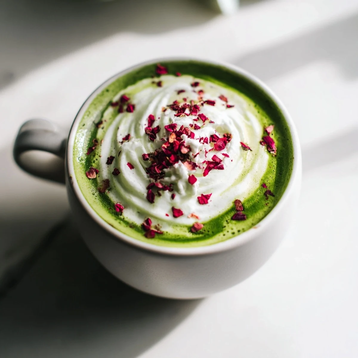 Steaming mug of Cozy Peppermint Matcha Christmas Latte, topped with whipped cream and peppermint sprinkles.
