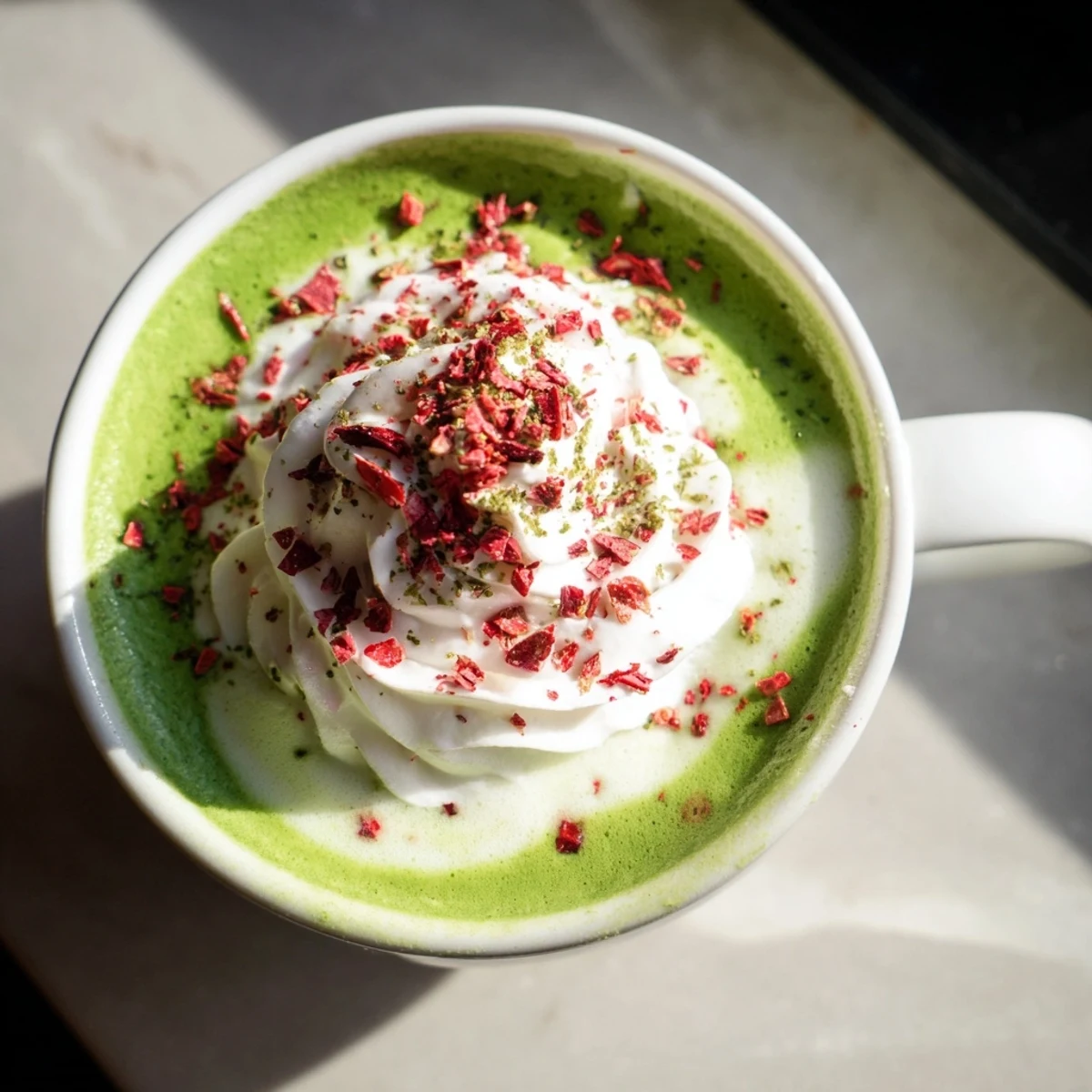 Enjoy a festive Cozy Peppermint Matcha Christmas Latte with its vibrant green matcha and holiday flavors.