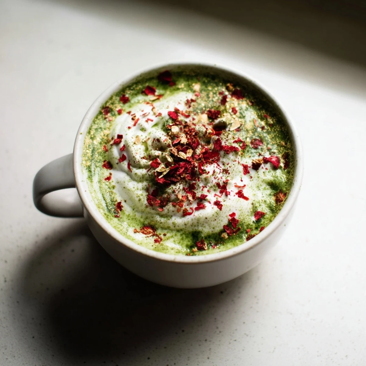 A close-up view of a velvety Cozy Peppermint Matcha Christmas Latte, ready for a comforting treat.