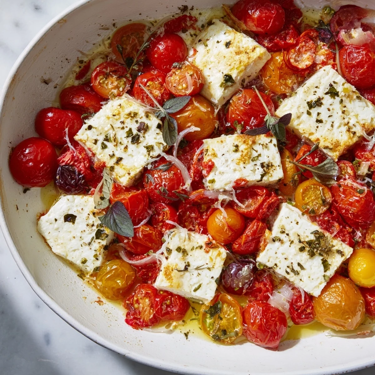 Golden-brown Baked Feta Snowfall Cherry Tomato Christmas Pasta, bubbling with rich roasted tomatoes and feta.