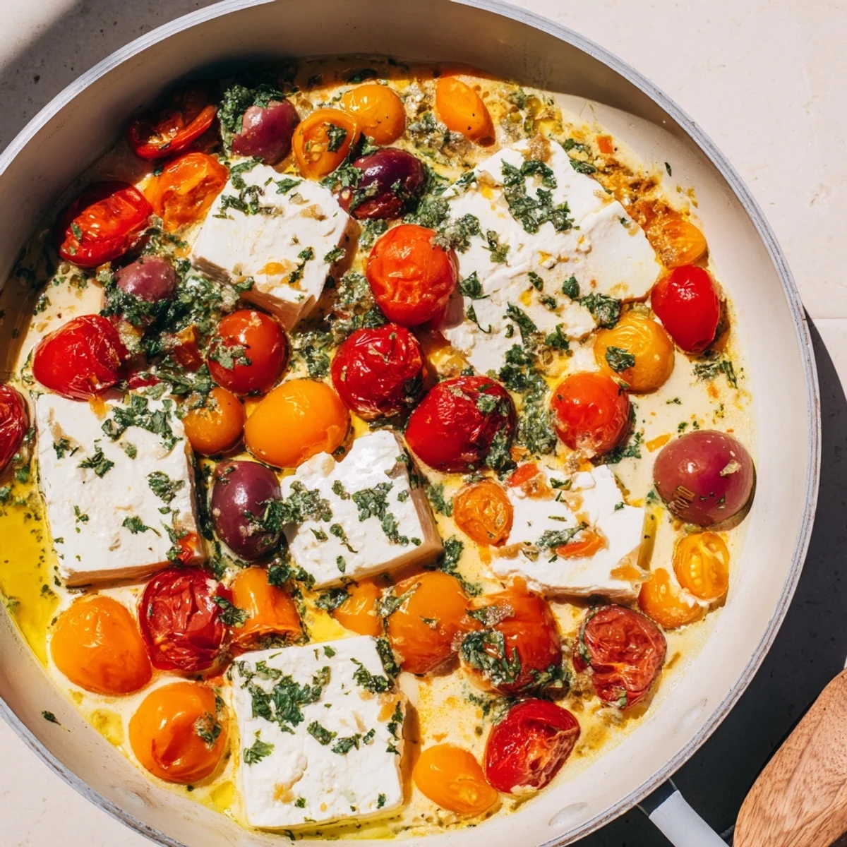 A close-up of creamy Baked Feta Snowfall Cherry Tomato Christmas Pasta, showered with Parmesan snow.