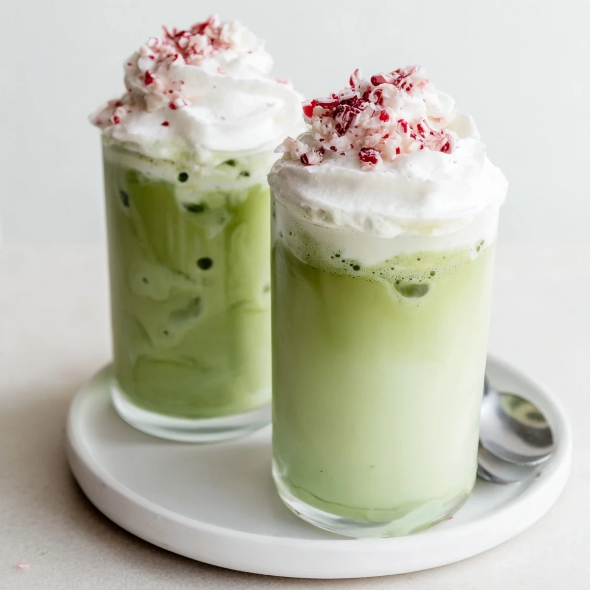 Cool, minty Sugar-Free White Chocolate Candy Cane Iced Matcha, beautifully topped with sugared candy cane pieces.