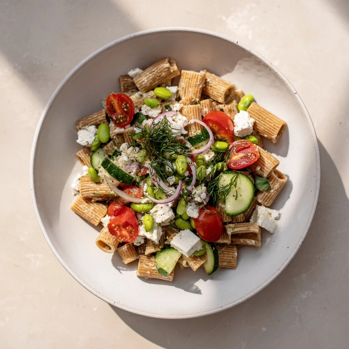 Holiday Glow Green Goddess Protein Pasta Salad, a creamy, vibrant dish with fresh herbs and colorful veggies.