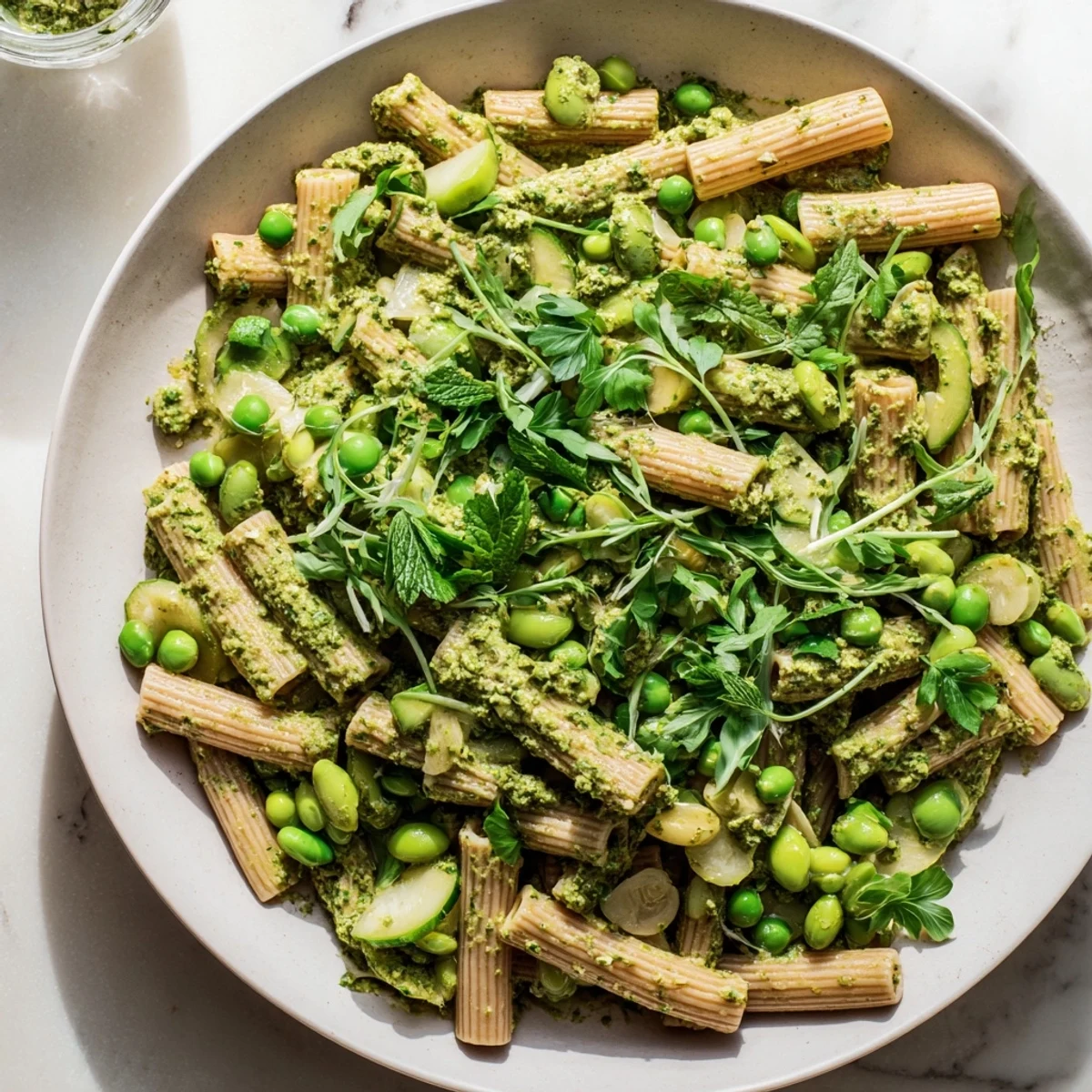 This Holiday Glow Green Goddess Protein Pasta Salad features a bright green dressing, chickpeas, and ripe cherry tomatoes.