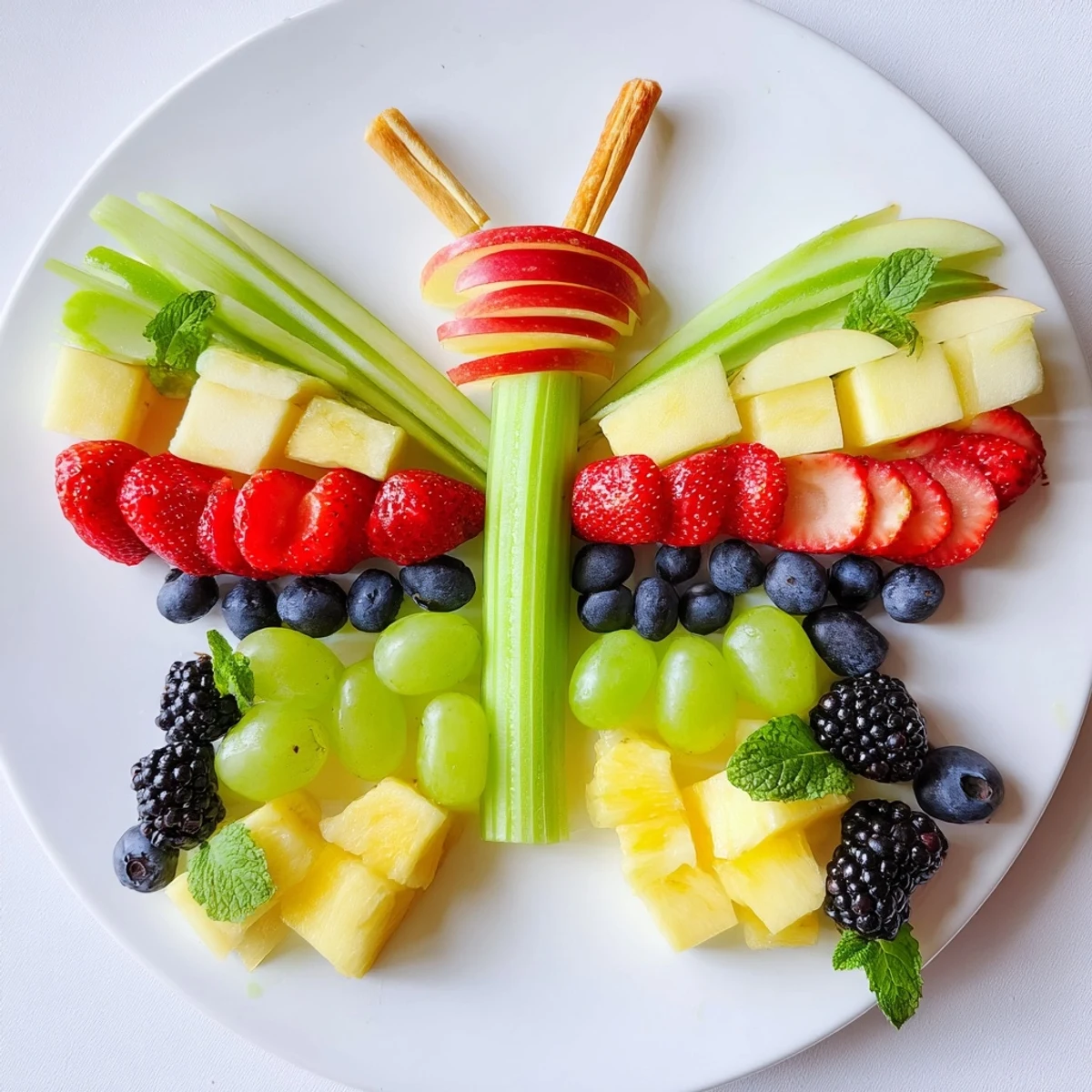 Colorful butterfly fruit tray with strawberries, grapes, and berries for a healthy snack idea.