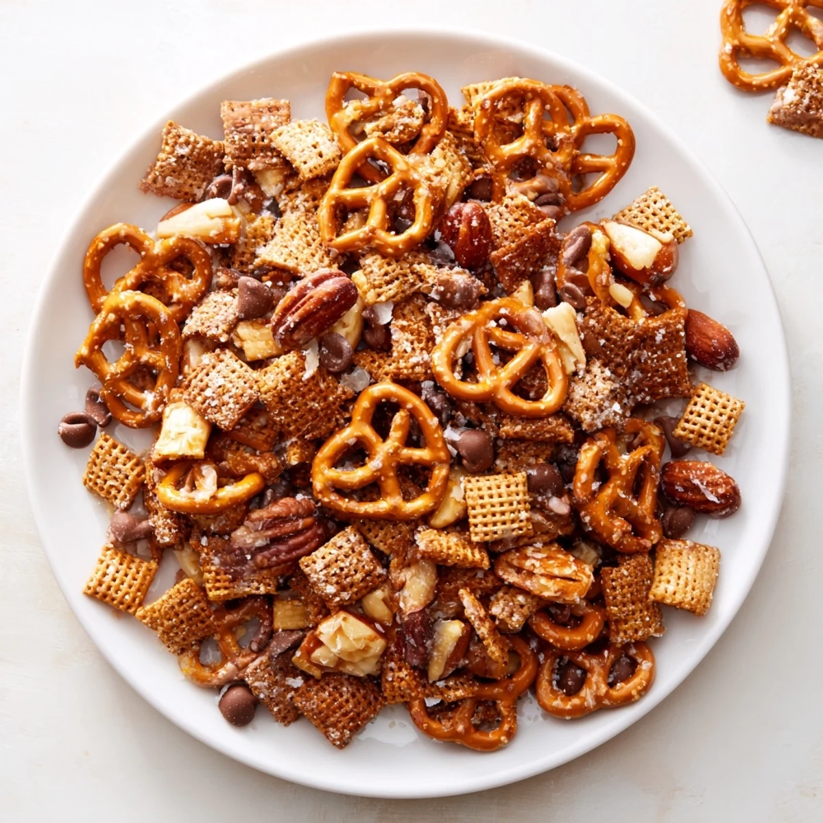 Golden-brown Festive Pine Cone Snack Mix piled high and ready for serving during the holidays.