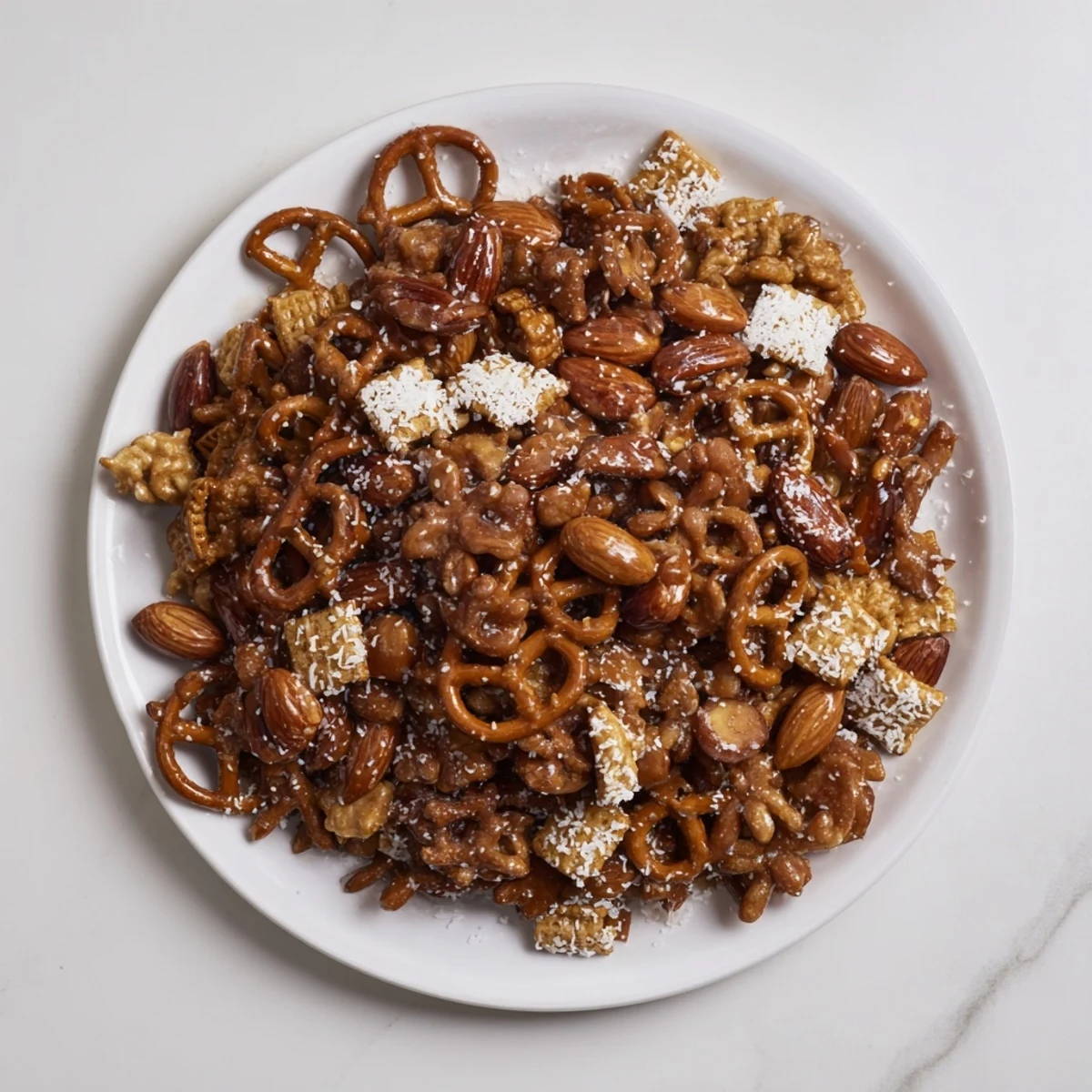 Close-up of Festive Pine Cone Snack Mix, a tempting blend of pretzels, nuts, and chocolate.