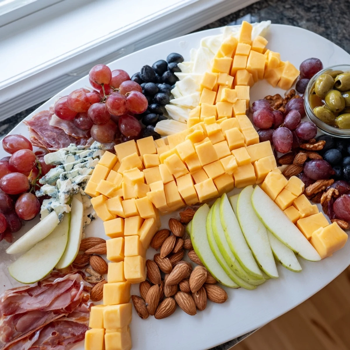 A horse-shaped grazing board beautifully displays assorted cheeses, charcuterie, and colorful fruits, visually appealing.