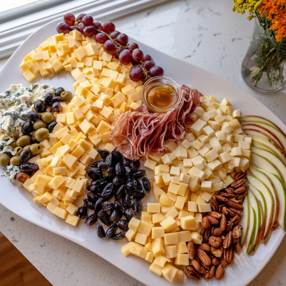 Fresh fruits and savory meats compose a stunning horse shape on this creative grazing board appetizer.