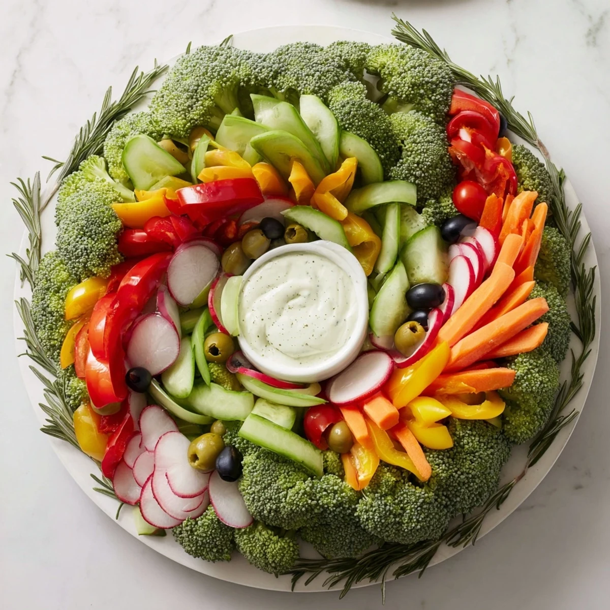 Vibrant wreath veggie dip platter: colorful fresh vegetables artfully arranged with creamy ranch dip.