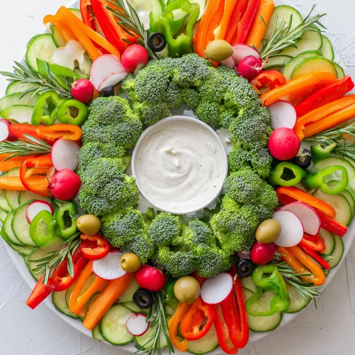 Picture the wreath veggie dip platter: a festive appetizer, overflowing with fresh vegetables and creamy dip.