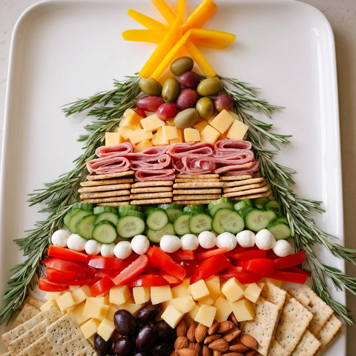Christmas tree snack board overflowing with colorful cheeses, meats, crackers, and festive garnishes, a holiday appetizer.