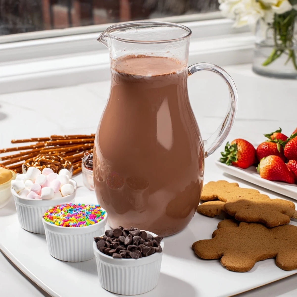 Indulge in a beautiful Cozy Bear Hot Cocoa Board featuring rich hot chocolate and adorable bear cookies.