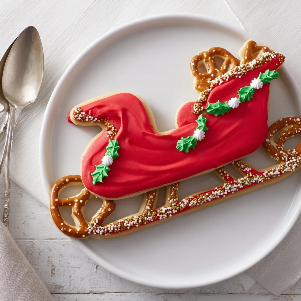 Festively decorated Santa's Sleigh cookie display, a delicious holiday dessert centerpiece with royal icing.