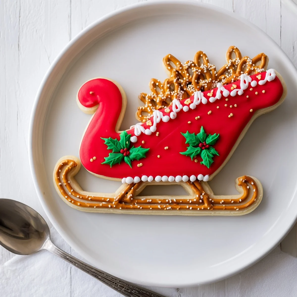 Close-up of a whimsical Santa's Sleigh cookie presentation, featuring reindeer, stars, and colorful details.