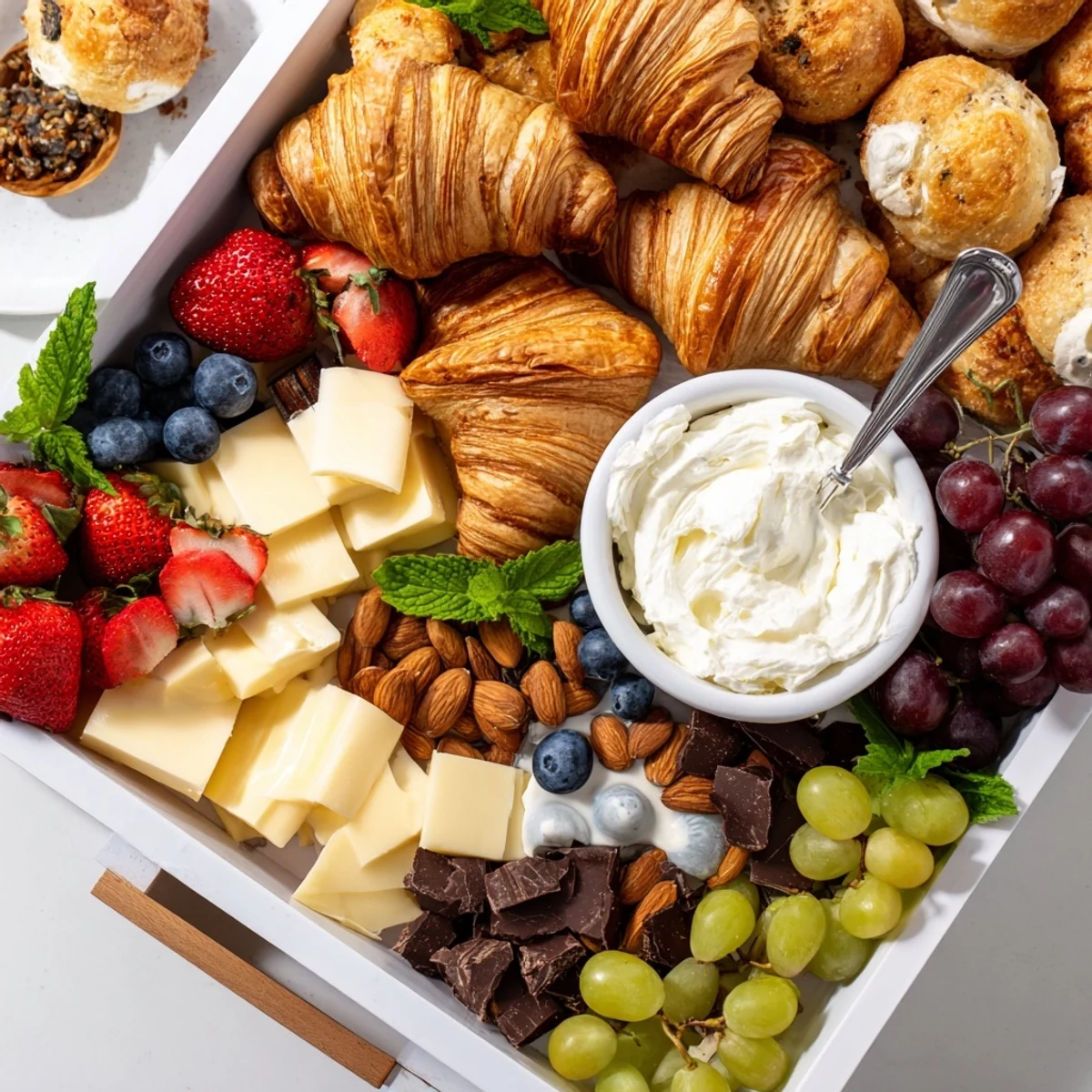 Gift Box Brunch Board Delight, brimming with croissants, cheese, fruits, and delightful spreads ready to enjoy.