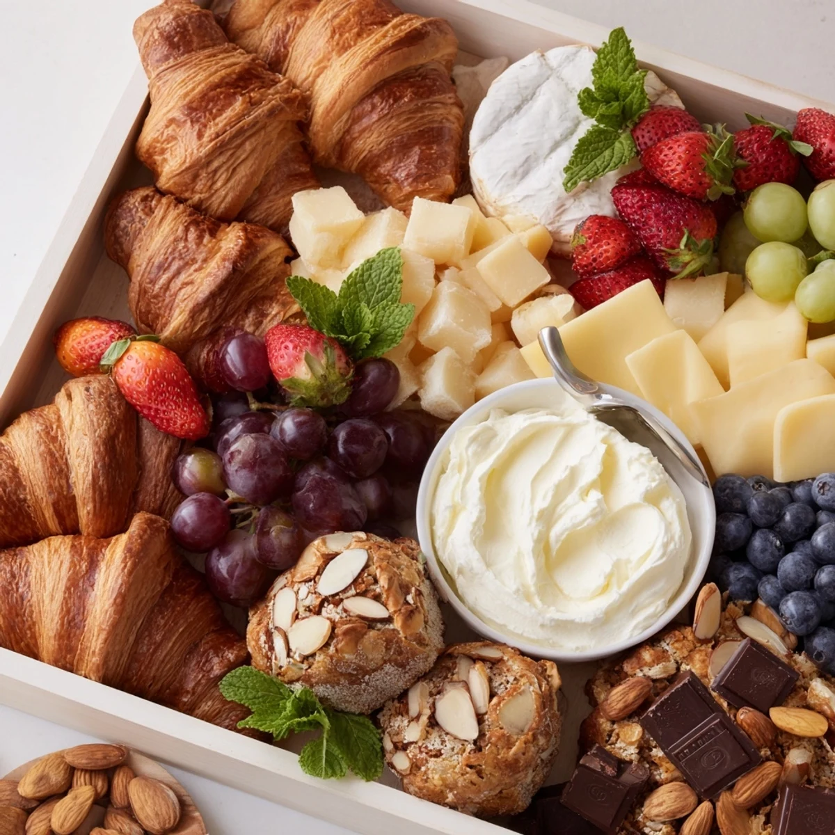 A beautifully arranged Gift Box Brunch Board Delight displaying colorful fruits, cheeses, and mini pastries inside a gift box.