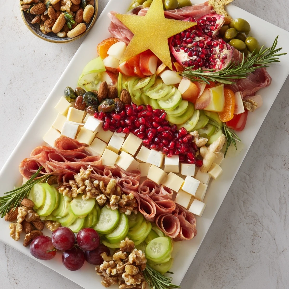 Festive Holiday Tree Appetizer Platter boasts vibrant cheeses, fruits, and meats, beautifully arranged as a tree.