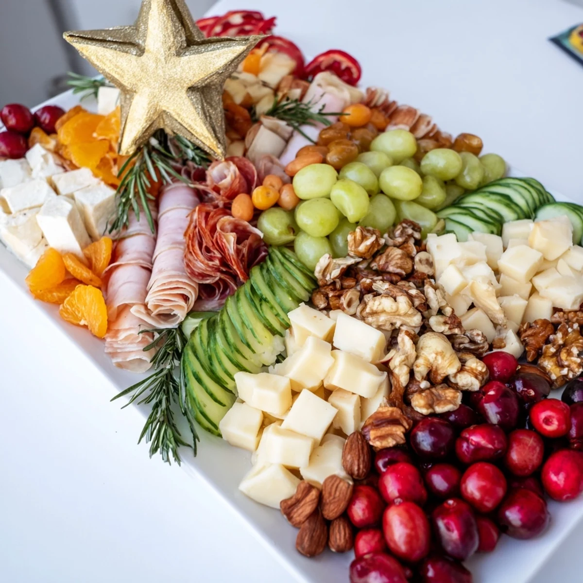 For holiday gatherings, enjoy a close-up of the delicious Festive Holiday Tree Appetizer Platter with fresh rosemary.
