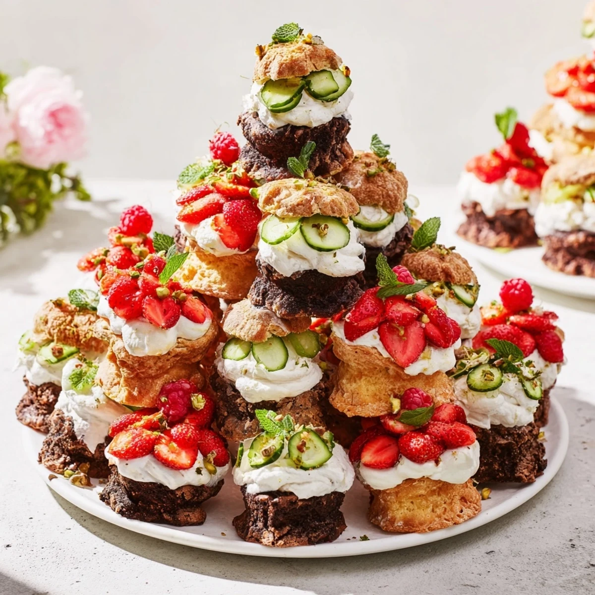 A colorful Tour dÉléphant Goûter Gourmand snack tower with honey drizzle and fresh mint.