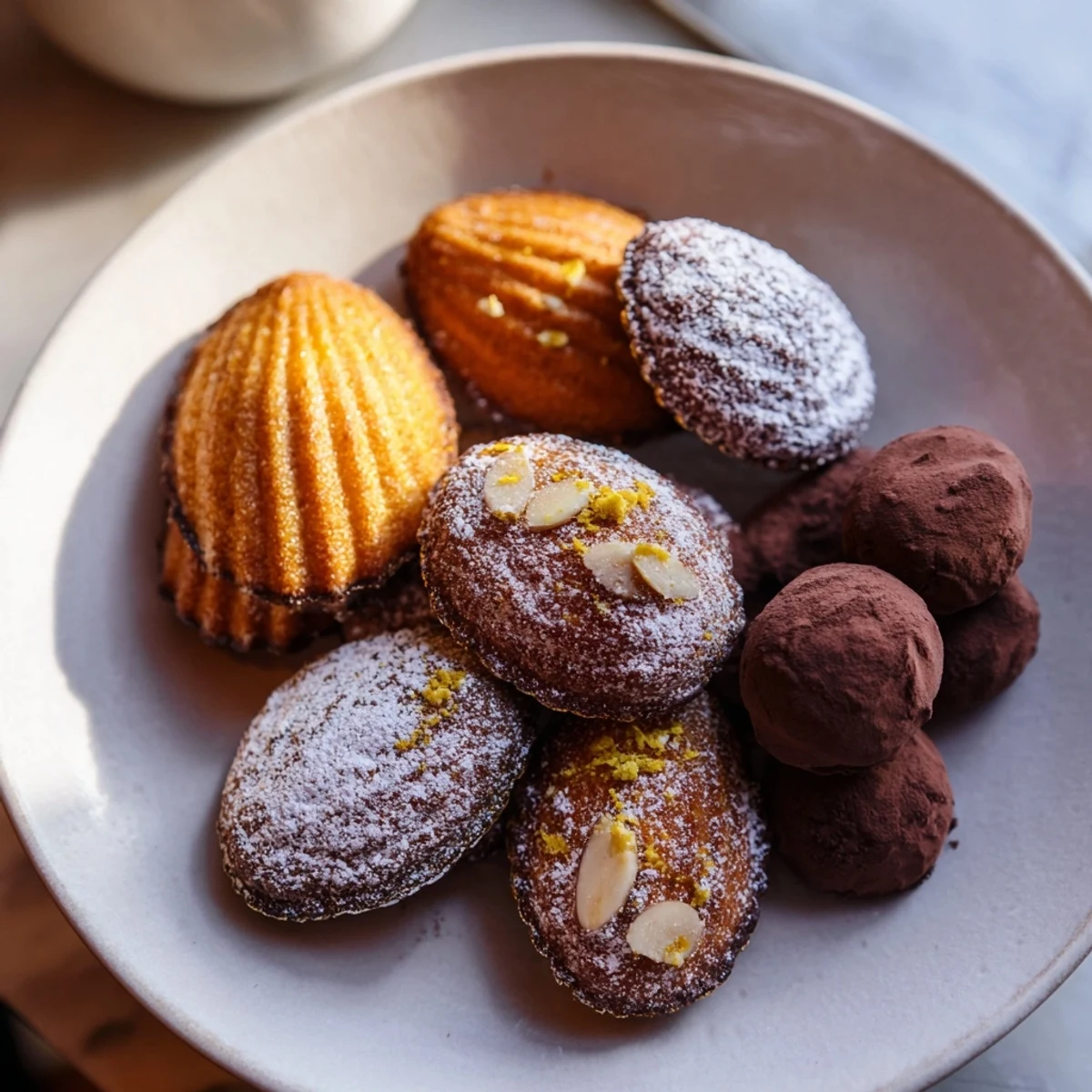 Golden-baked Lemon Madeleines and rich chocolate truffles make up the delicious Mignardises Bonne Année 2026 recipe.
