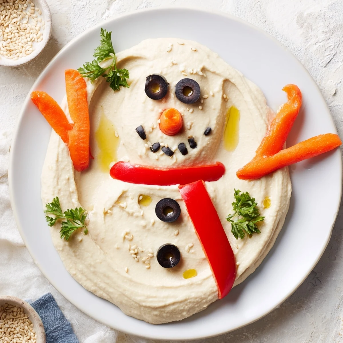 Melted snowman hummus platter, with a carrot nose and olive eyes, ready to serve with dippers.