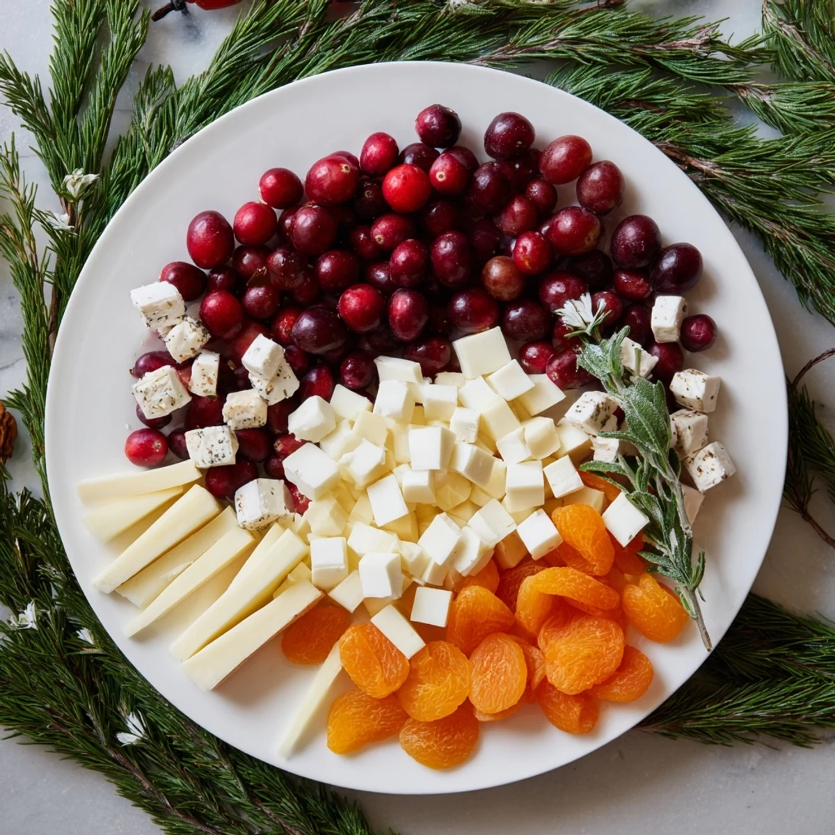 Festive Cranberry Joy Tree Board features colorful fruit, cheese, and rosemary sprigs arranged beautifully.