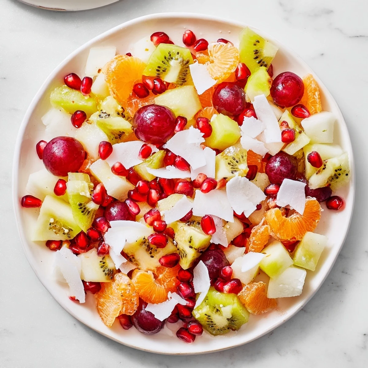 Snowflake Fruit Medley glistens with vibrant pomegranate and kiwi, ready for a delicious dessert.