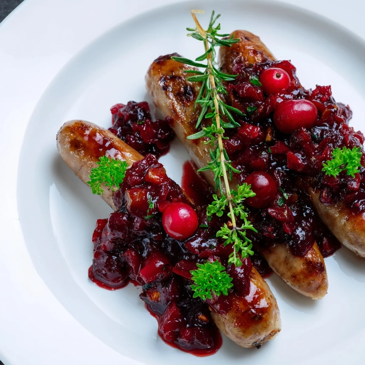 Golden-brown Festive Holly Berry Sausage Bites topped with glistening cranberry sauce and herbs, ready to serve.