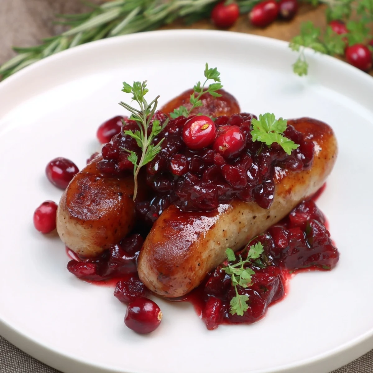 Close-up of savory Festive Holly Berry Sausage Bites arranged on a platter, garnished with fresh holly berries.