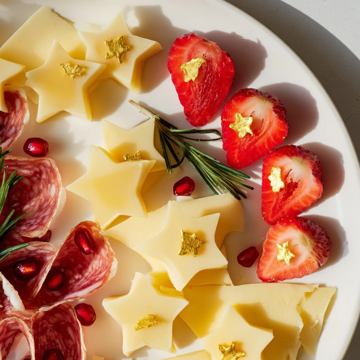 A vibrant New Year's Star Board appetizer with cheese stars, fresh fruit, and cured meats.