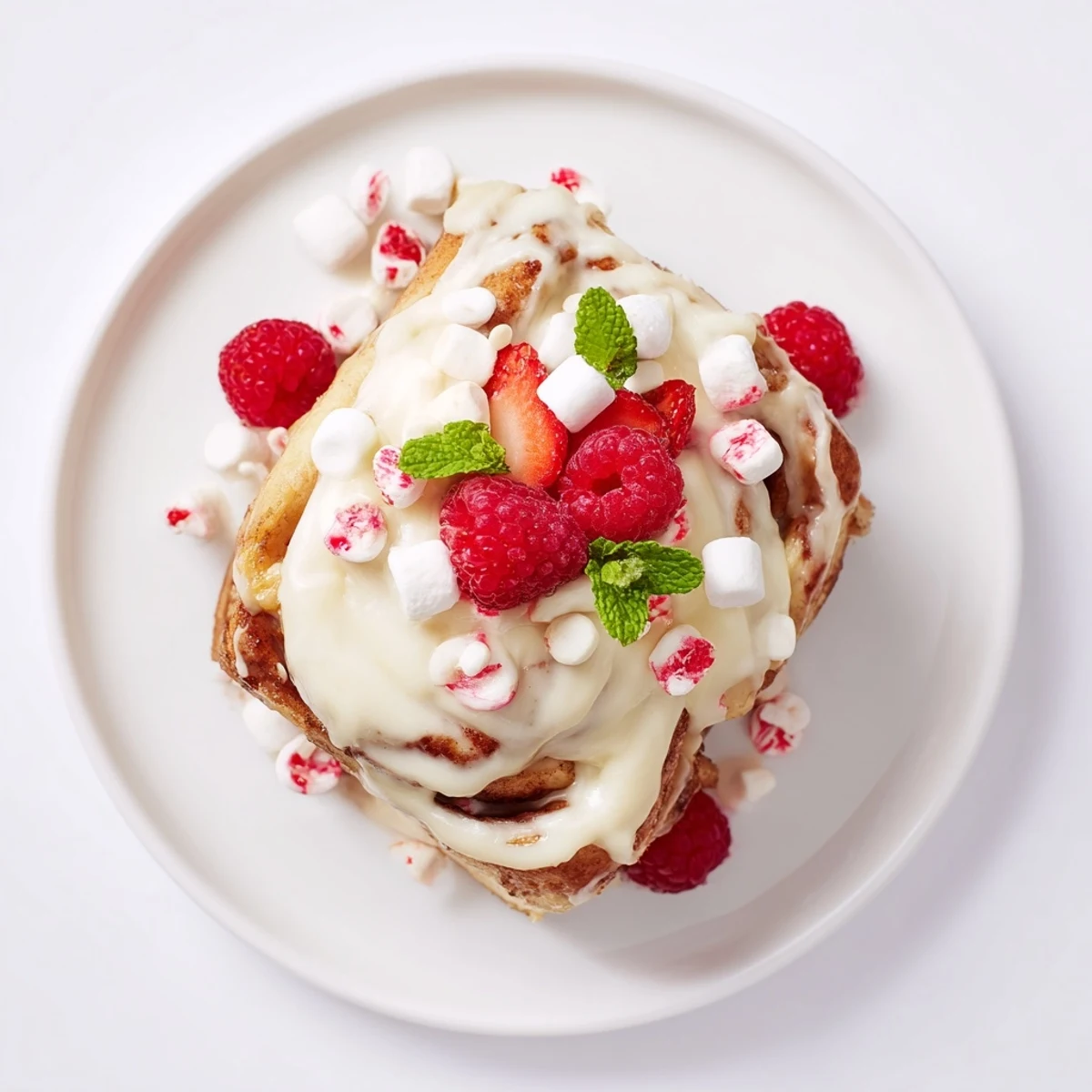 Fluffy North Pole Cinnamon Roll Board, showcasing frosted rolls with vibrant red berries and mint.