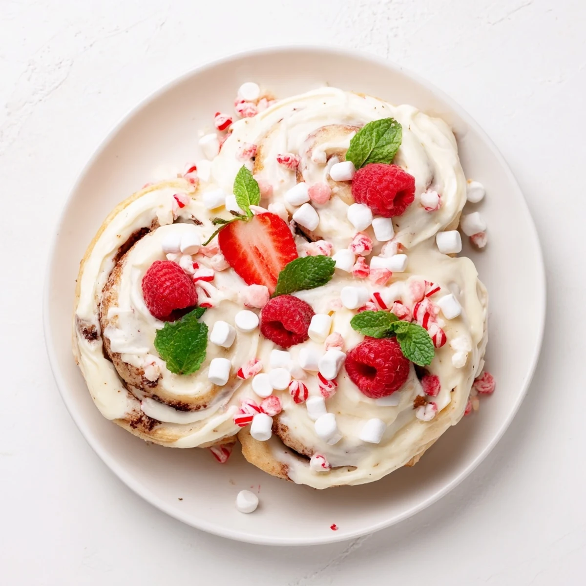 Festive North Pole Cinnamon Roll Board: soft, frosted cinnamon rolls surrounded by sweet holiday treats.