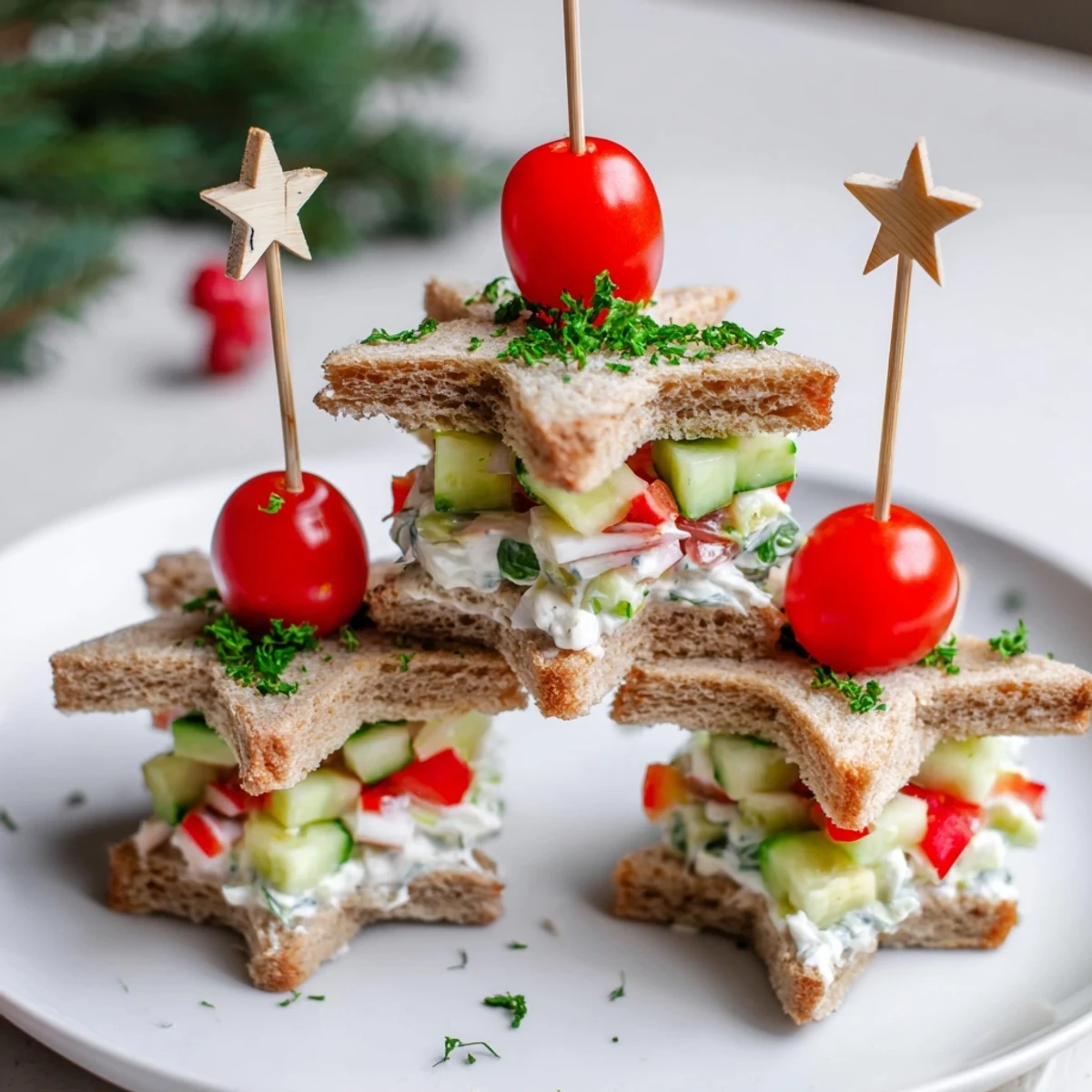 Stacked Star Christmas Tree Sandwiches, festive appetizers with colorful bell pepper and parsley garnish.
