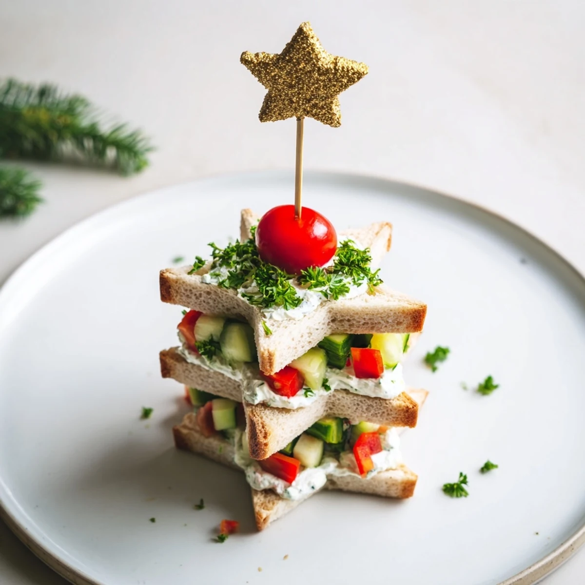 Vibrant Stacked Star Christmas Tree Sandwiches, layered bread stars with red tomato 'toppers' and fresh herbs.