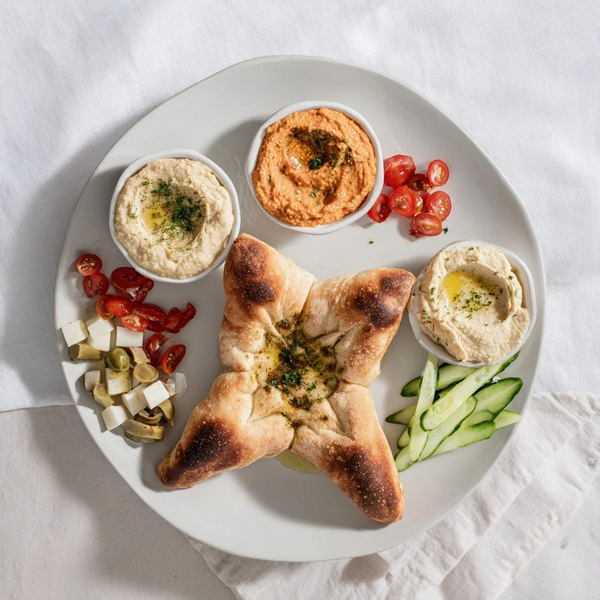 Warm, golden Three Kings Star Pita Board, perfect for sharing, with fluffy pita stars and colorful dips.