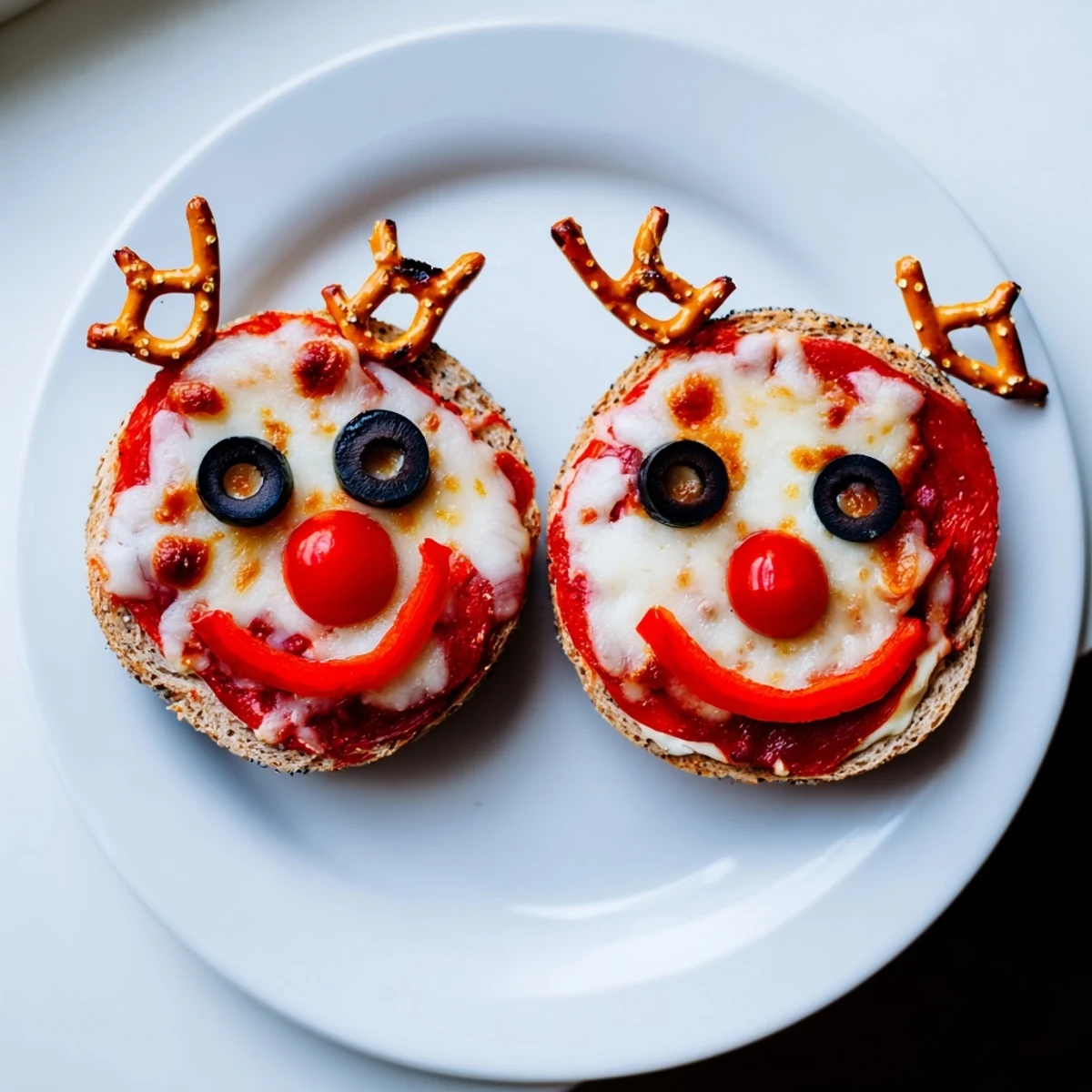 Warm, melty Reindeer Face Pizza Bagels with pretzel antler details look festive and delicious.
