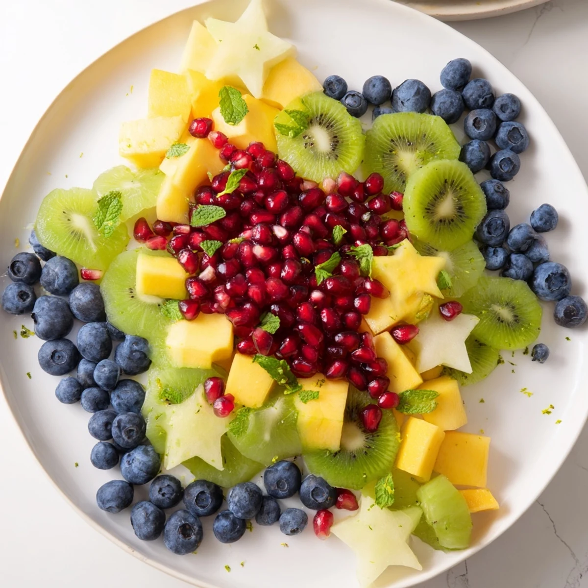 Pomegranate and Mint Star Fruit Platter bursting with vibrant colors, perfect for a refreshing vegan appetizer.