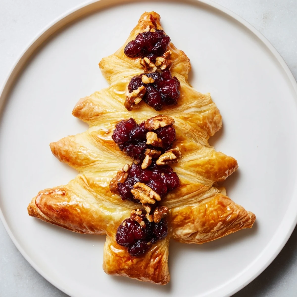 Golden-brown Brie en Croûte Pine Tree, with cranberry and pecan filling, ready for appetizer enjoyment.