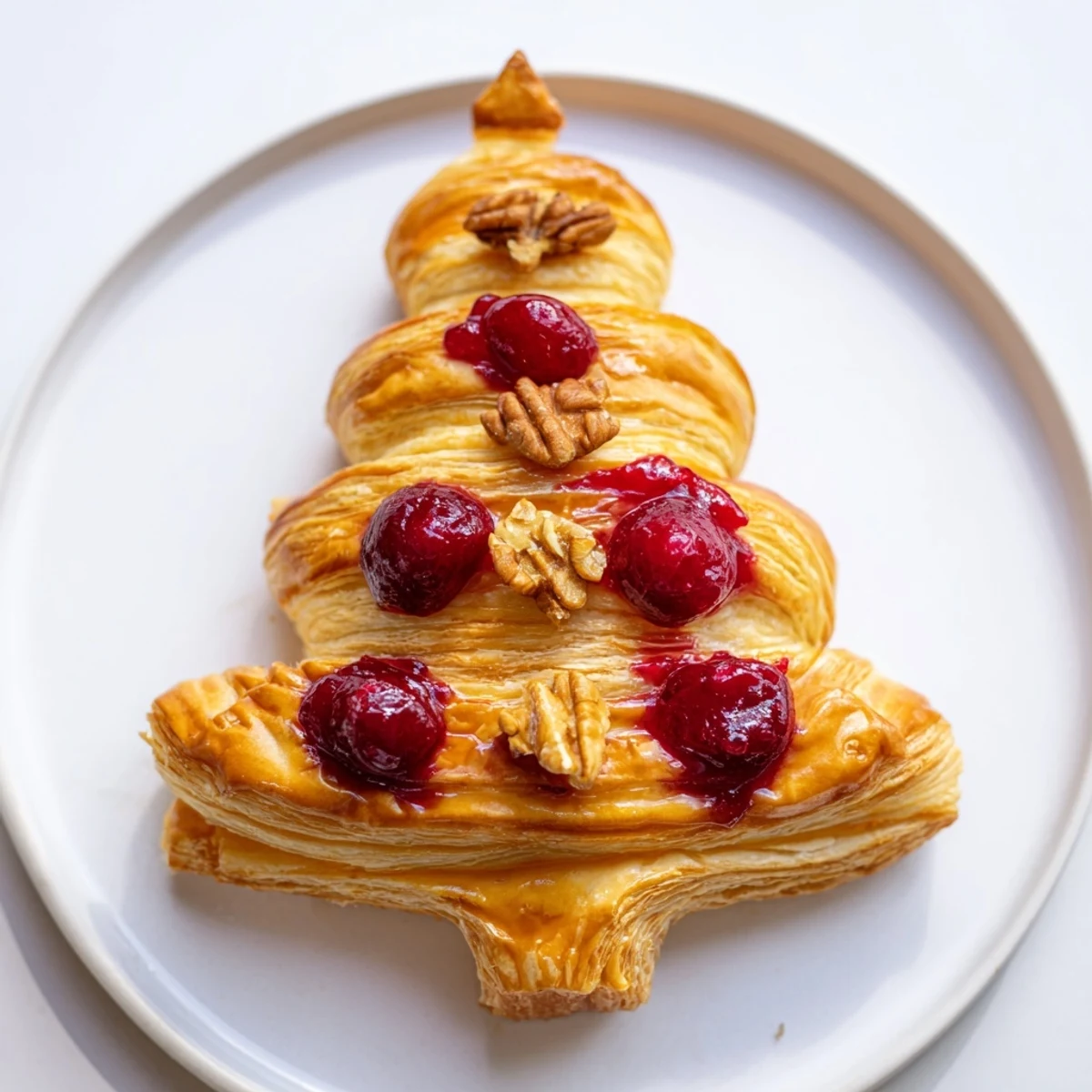 A festive baked Brie en Croûte Pine Tree featuring flaky pastry around oozing, warm brie and sweet cranberries.
