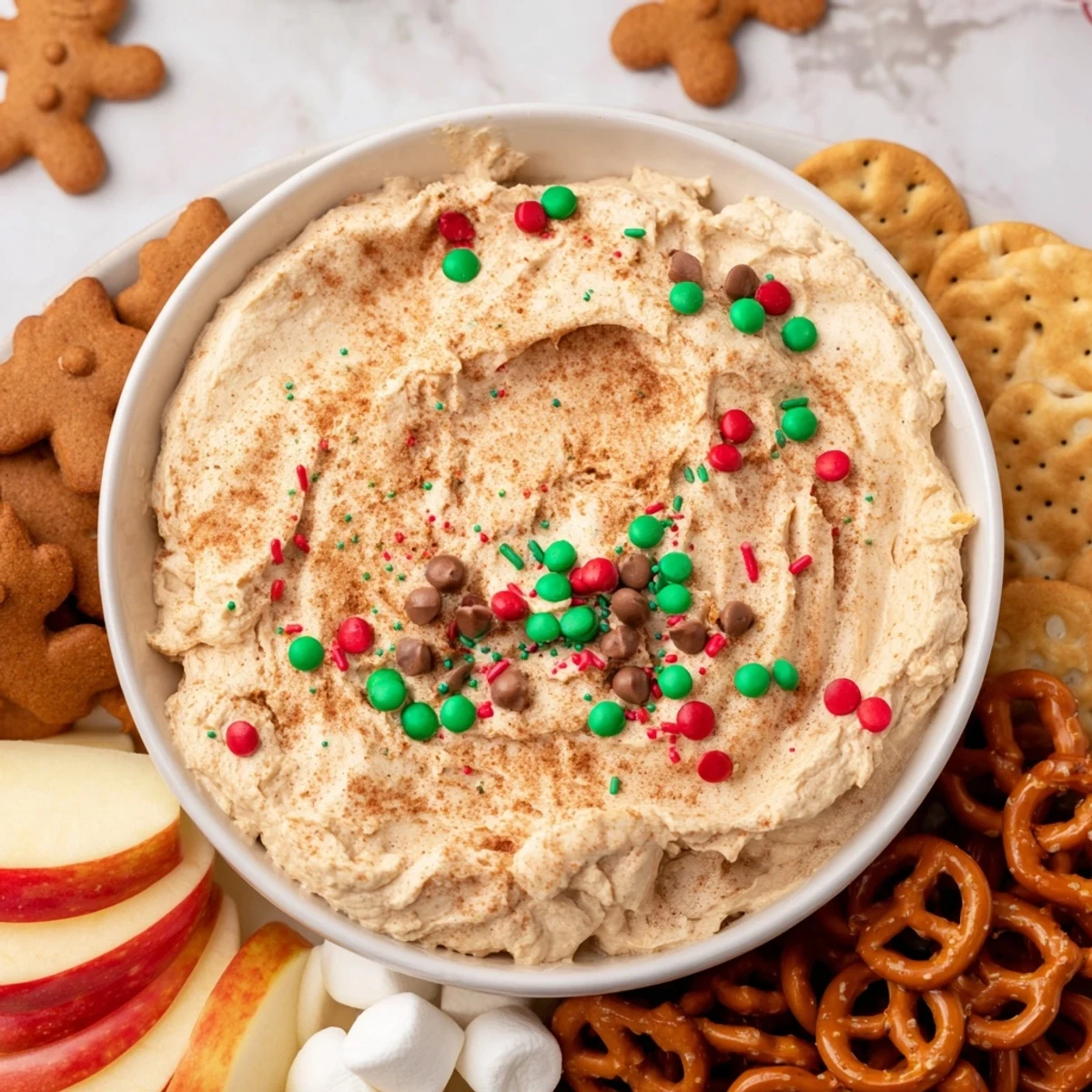 The rich Gingerbread House Dip is surrounded by dippable treats, ready for holiday fun.