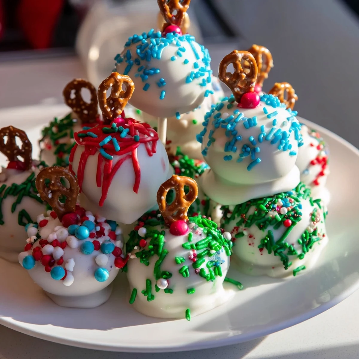 Festive Ornament Ball Cake Pops, a colorful, bite-sized dessert perfect for a holiday party.