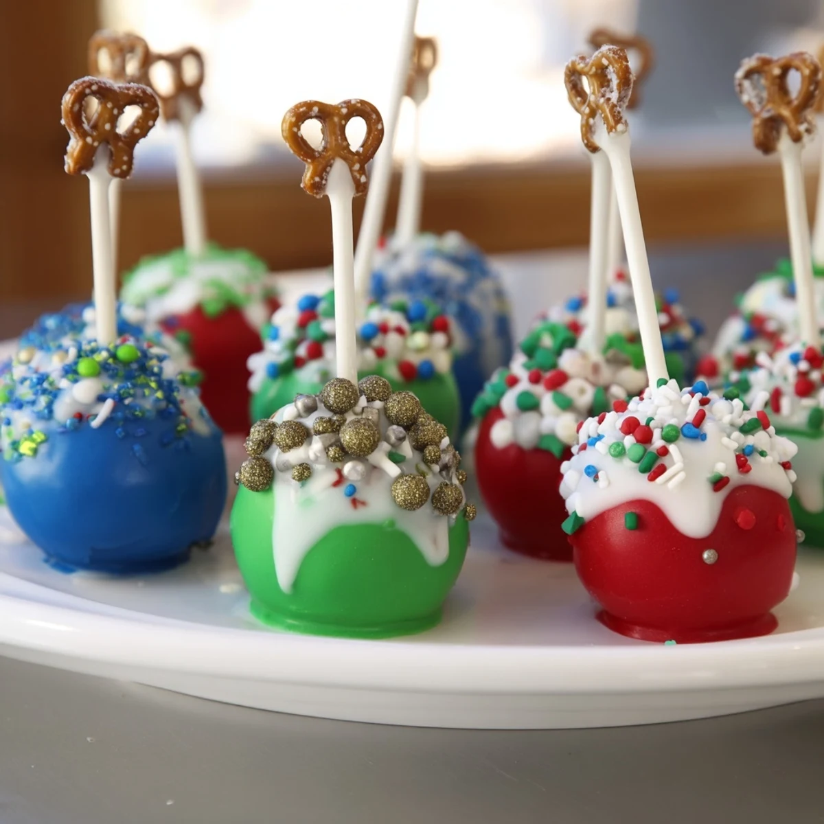 Imagine these delicious Ornament Ball Cake Pops, a cheerful, holiday-themed treat with pretzel 'hooks.'