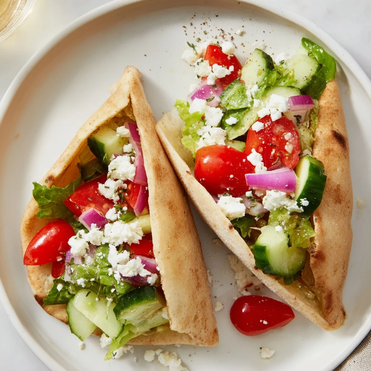 Freshly baked mini pita pockets on a savory board, served with flavorful hummus and crisp, colorful fillings.