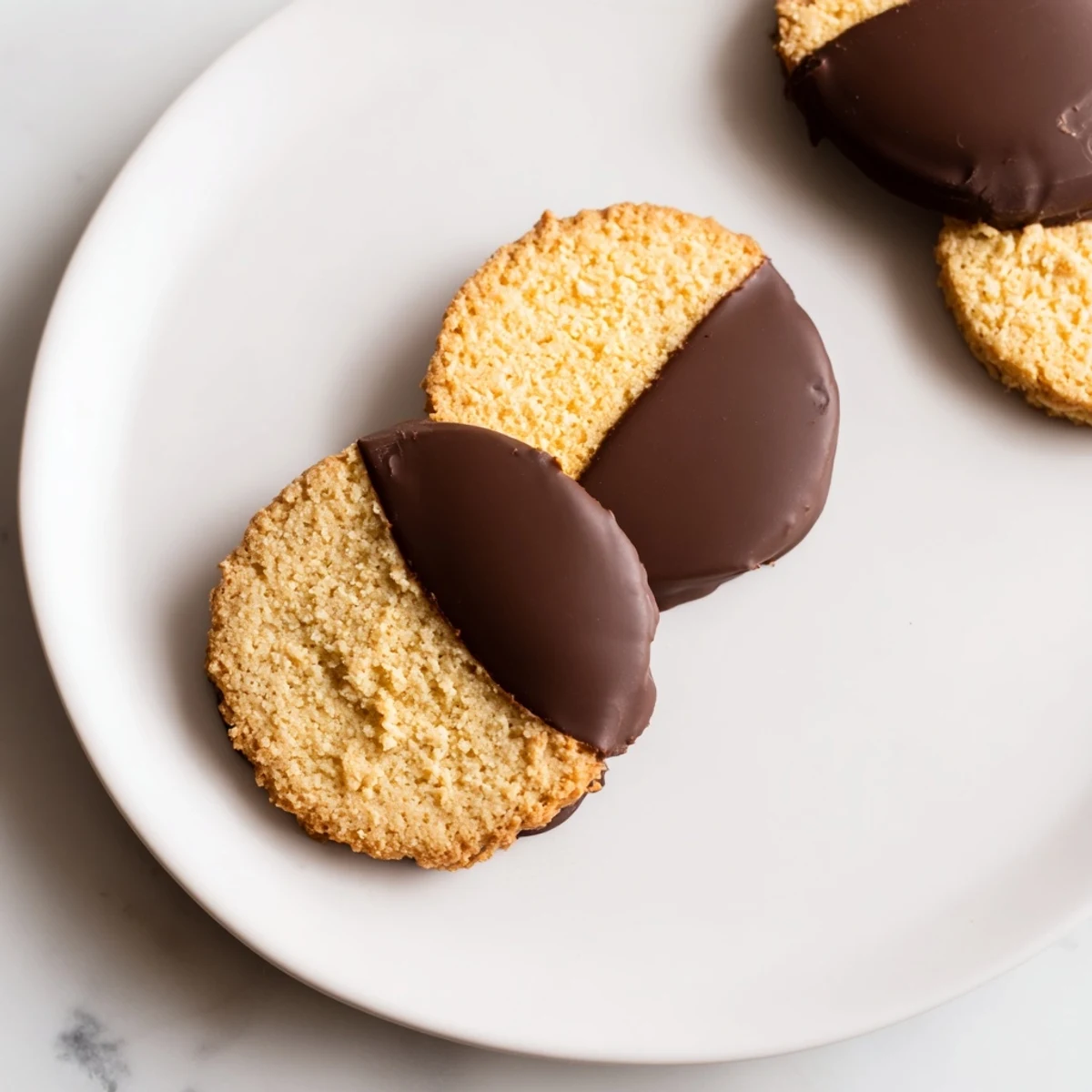 Melted chocolate coats the edge of these Simple Cookies: Vanilla Wafers, ready to be enjoyed.