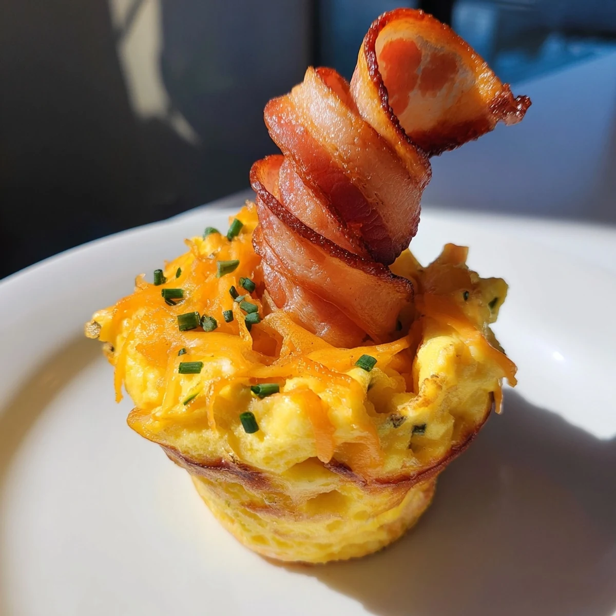 Golden, cheesy Scrambled Egg Cups with crispy bacon spirals, ready for a delicious American brunch.