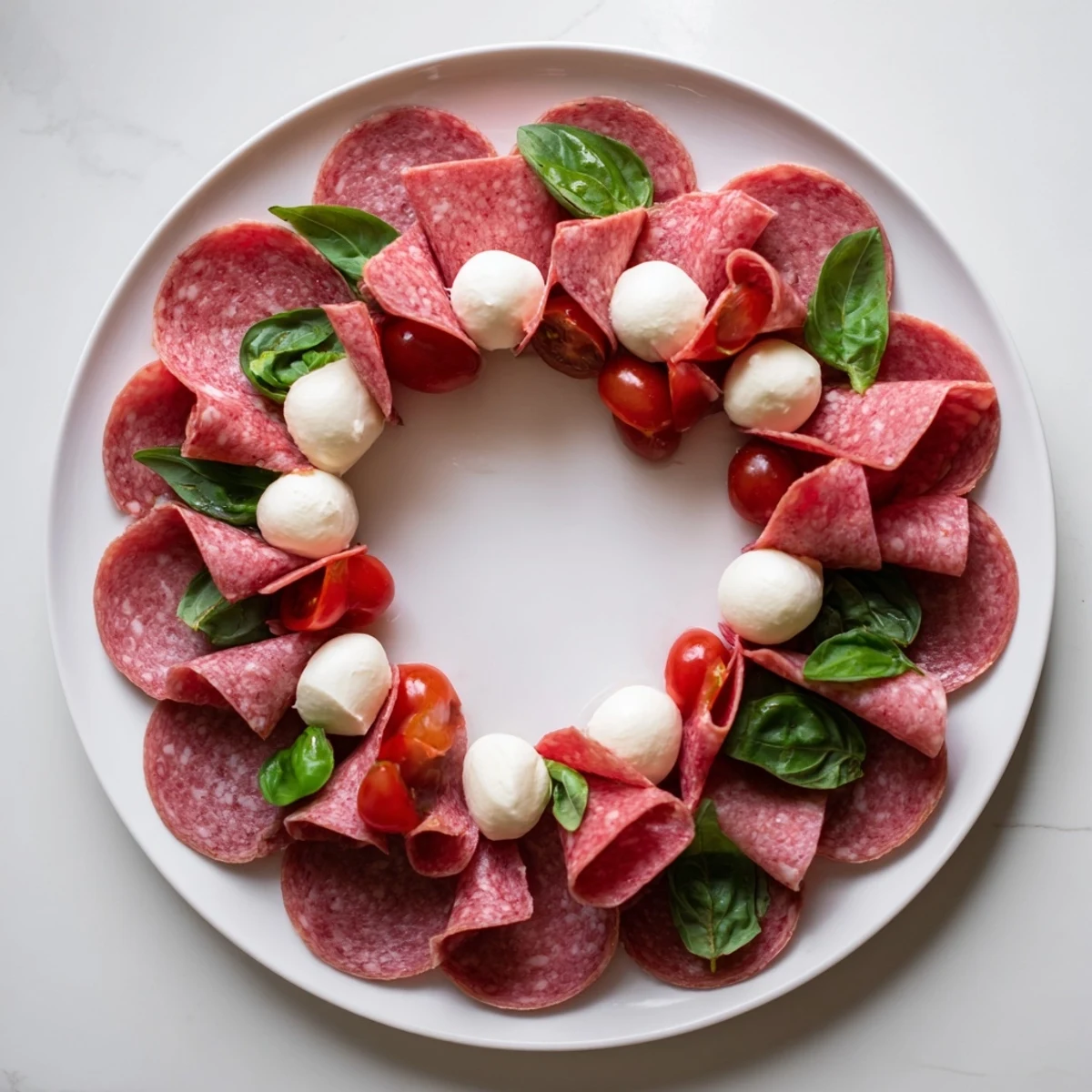 Folded salami wreath arranged with vibrant cherry tomatoes, a savory, crowd-pleasing appetizer ready to serve.